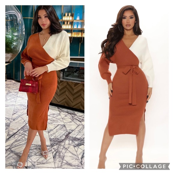 NWT Mona Colorblock Sweater Midi Dress Rust/Combo Size Small - Picture 1 of 9